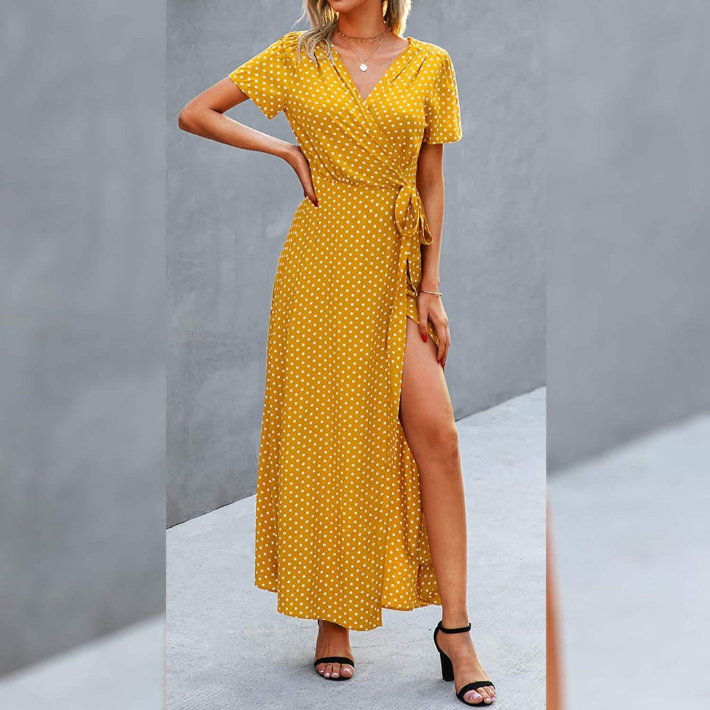 Women's Wrap V Neck Maxi Dresses Short Sleeve Split Casual Long Dress