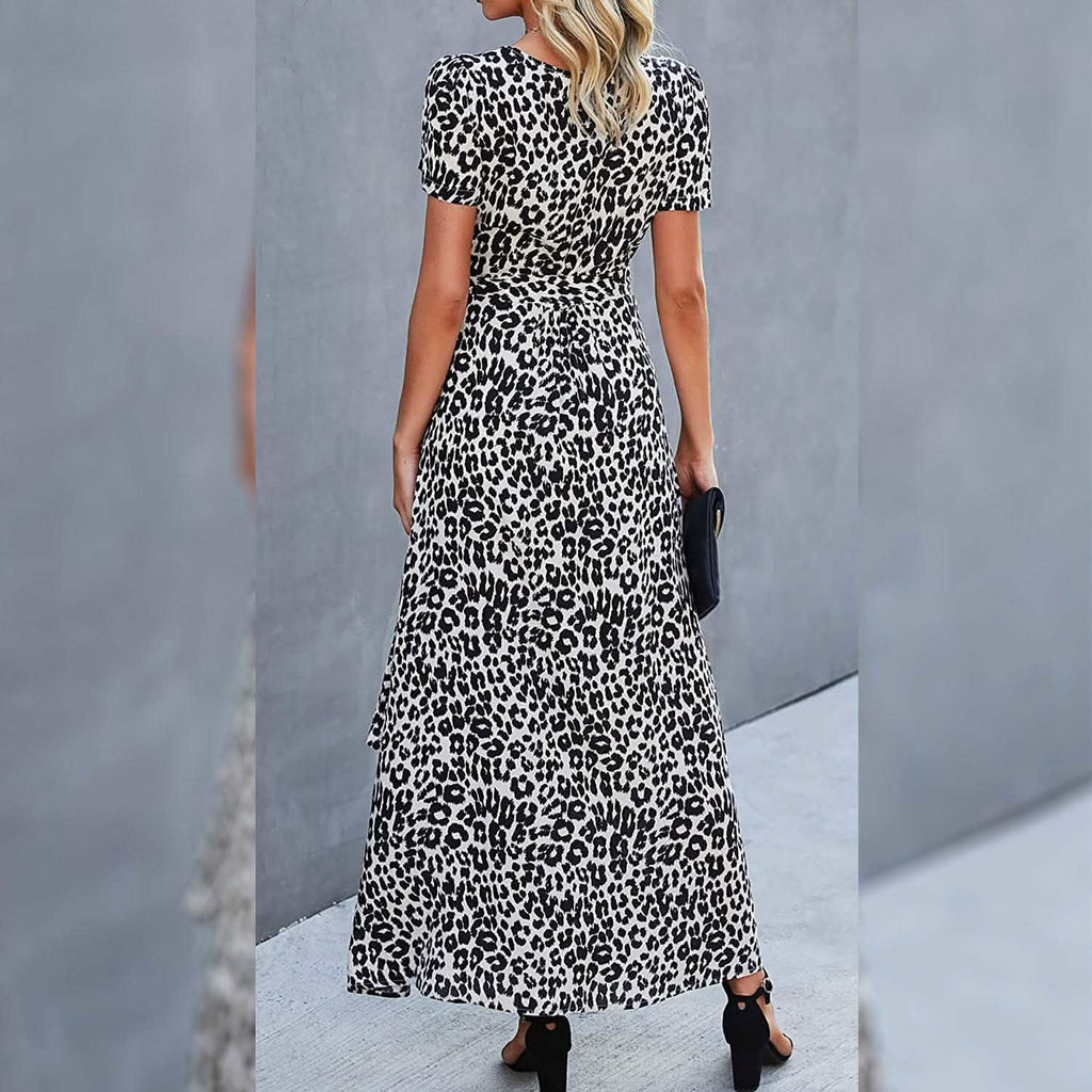 Women's Wrap V Neck Maxi Dresses Short Sleeve Split Casual Long Dress