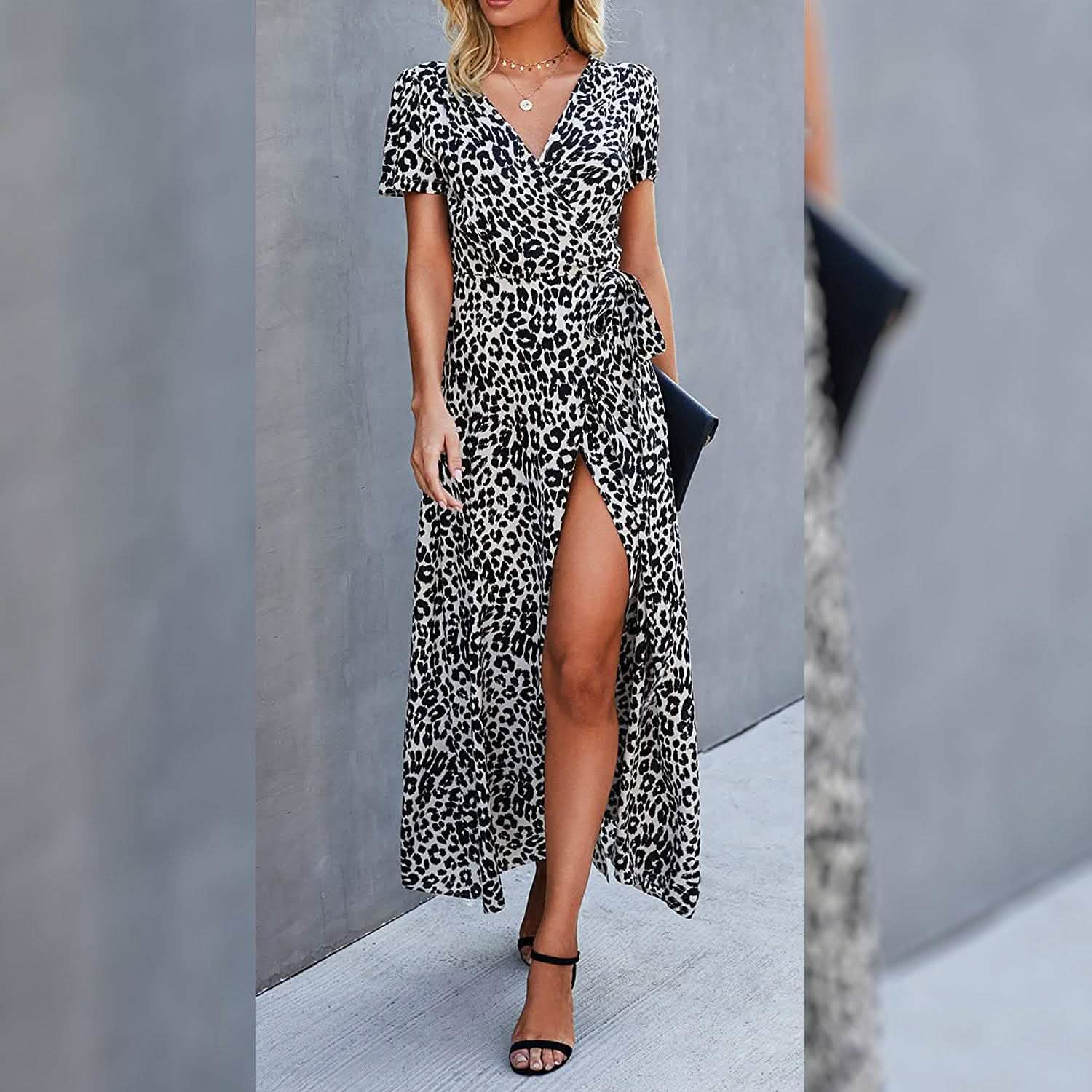 Women's Wrap V Neck Maxi Dresses Short Sleeve Split Casual Long Dress
