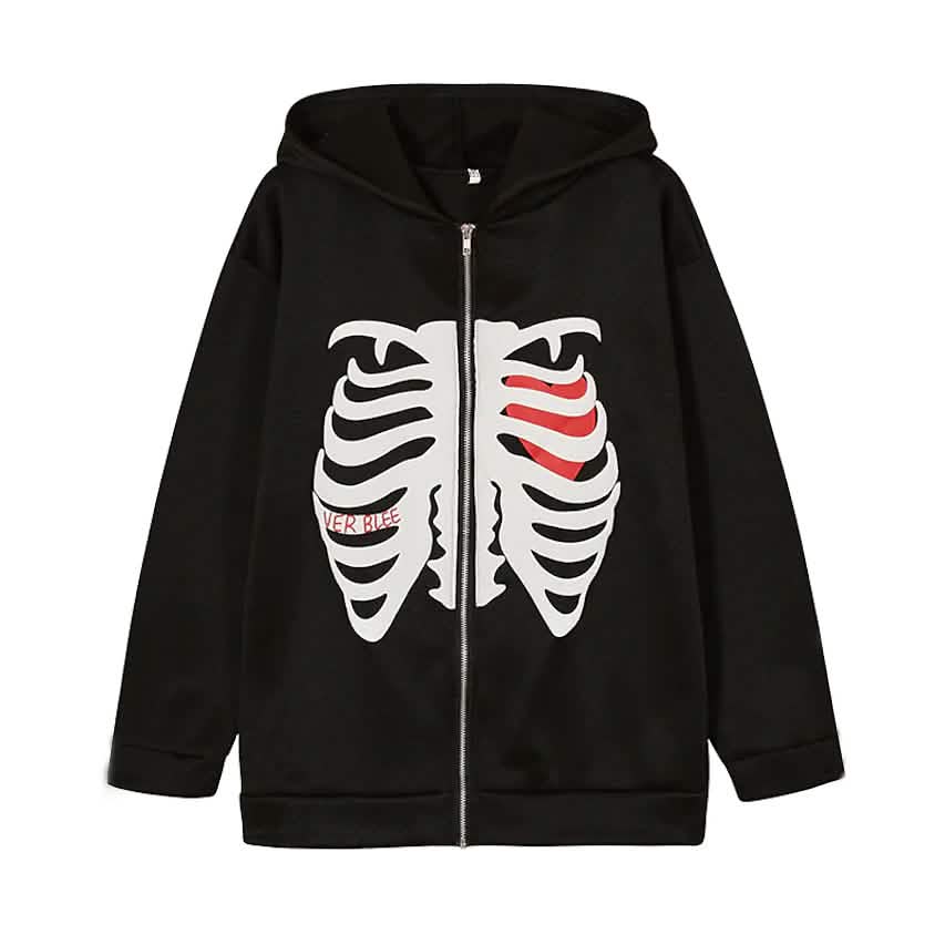 Women's Zip Up Skeleton Letter Hoodie Sweatshirt
