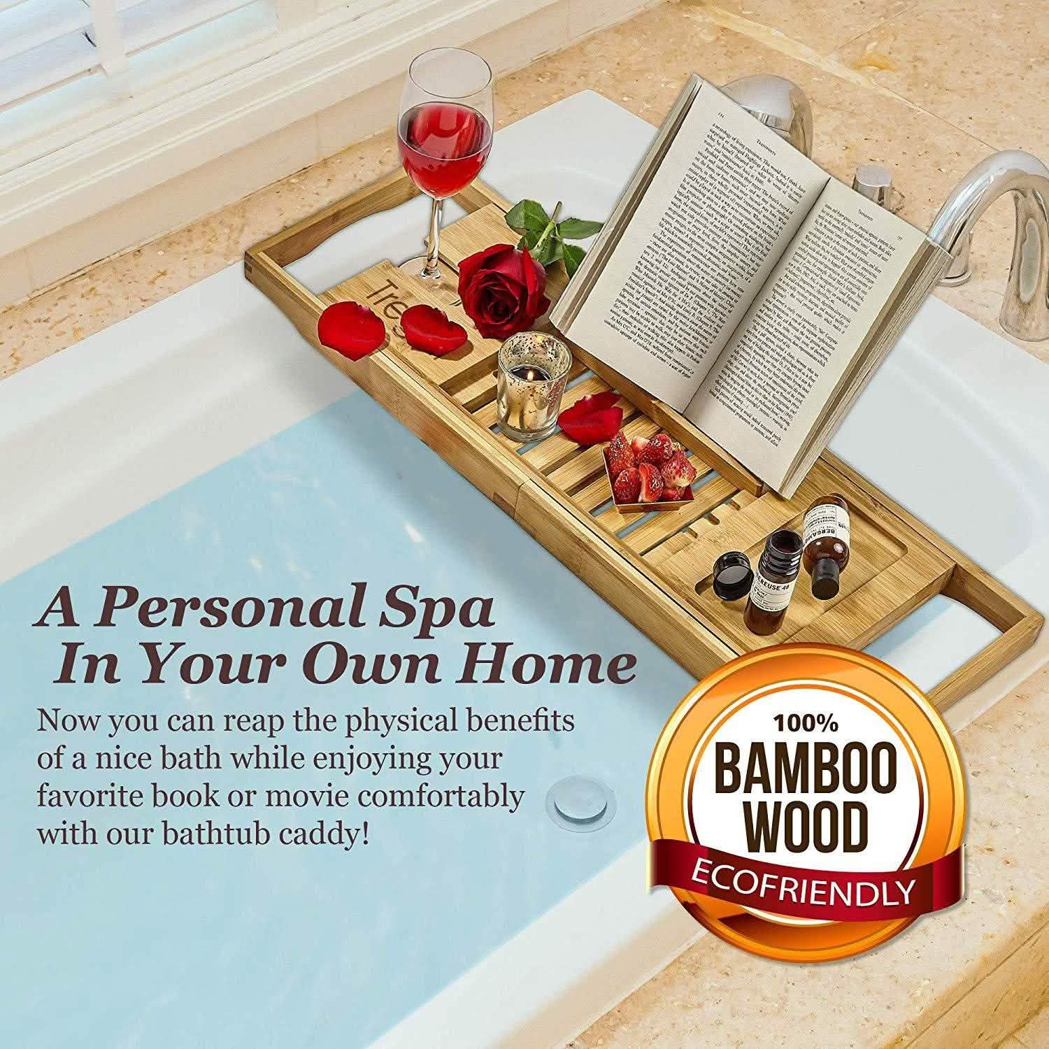 Wooden Bathtub Tray with Wine Glass Slot Phone Tray Book Holder
