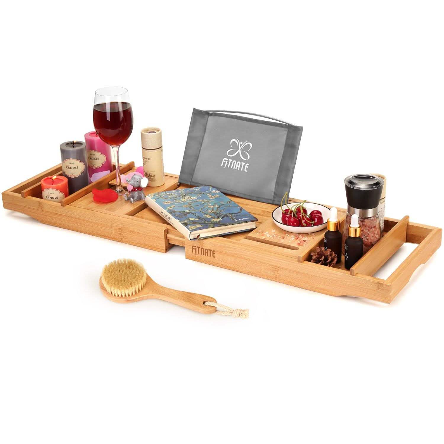 Wooden Bathtub Tray with Wine Glass Slot Phone Tray Book Holder