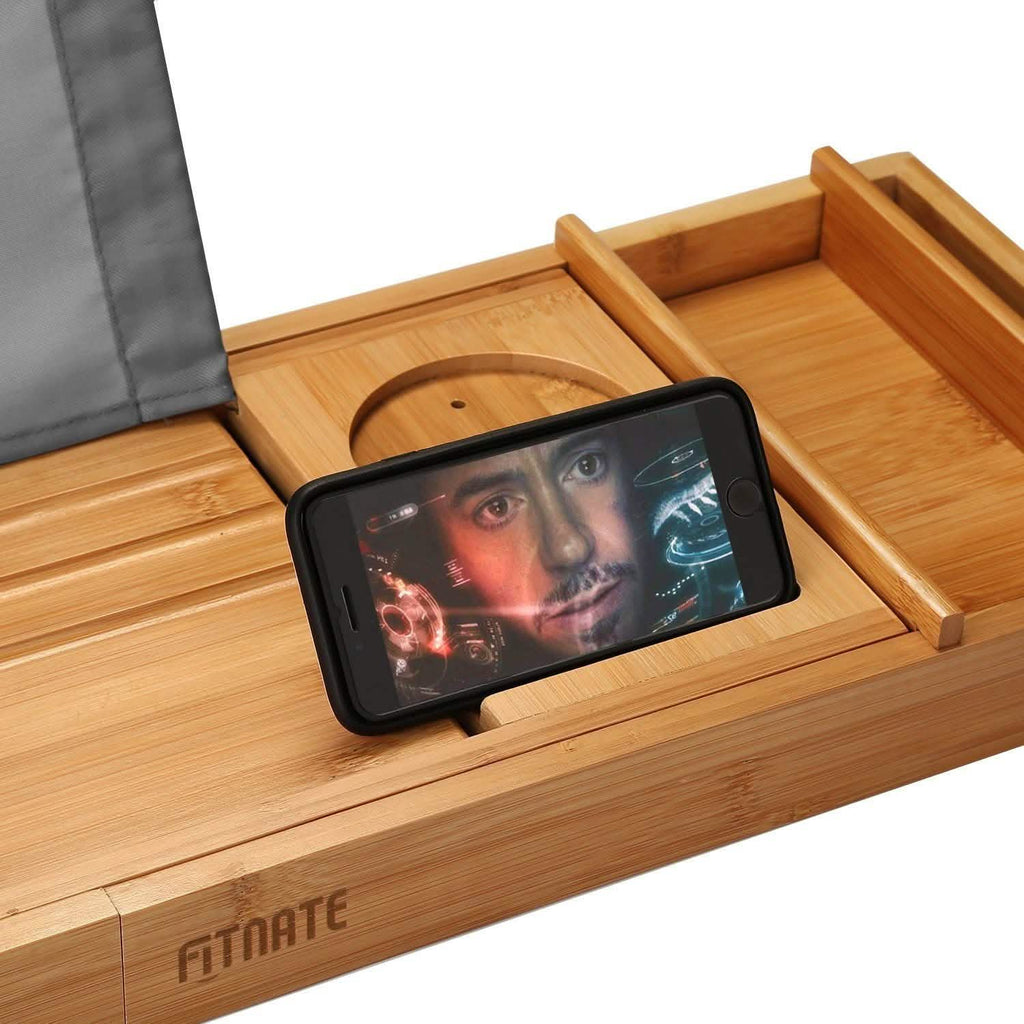 Wooden Bathtub Tray with Wine Glass Slot Phone Tray Book Holder