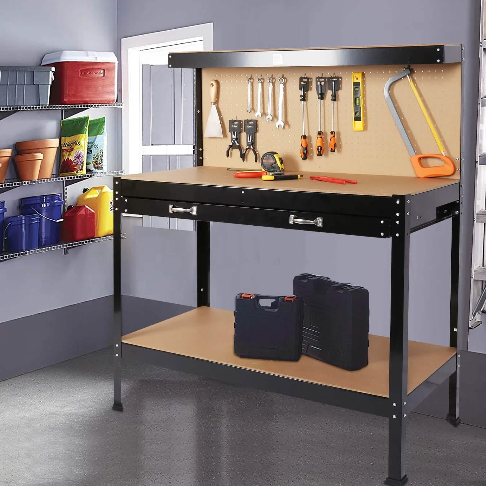 Work Benches for Garage Shop Work Station Tools Table with Peg Board and Drawers
